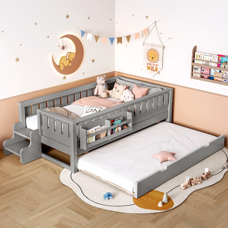 Full/Twin Loft Bed with Bookshelves, Safety Stairs & Trundle - Grey - Twin