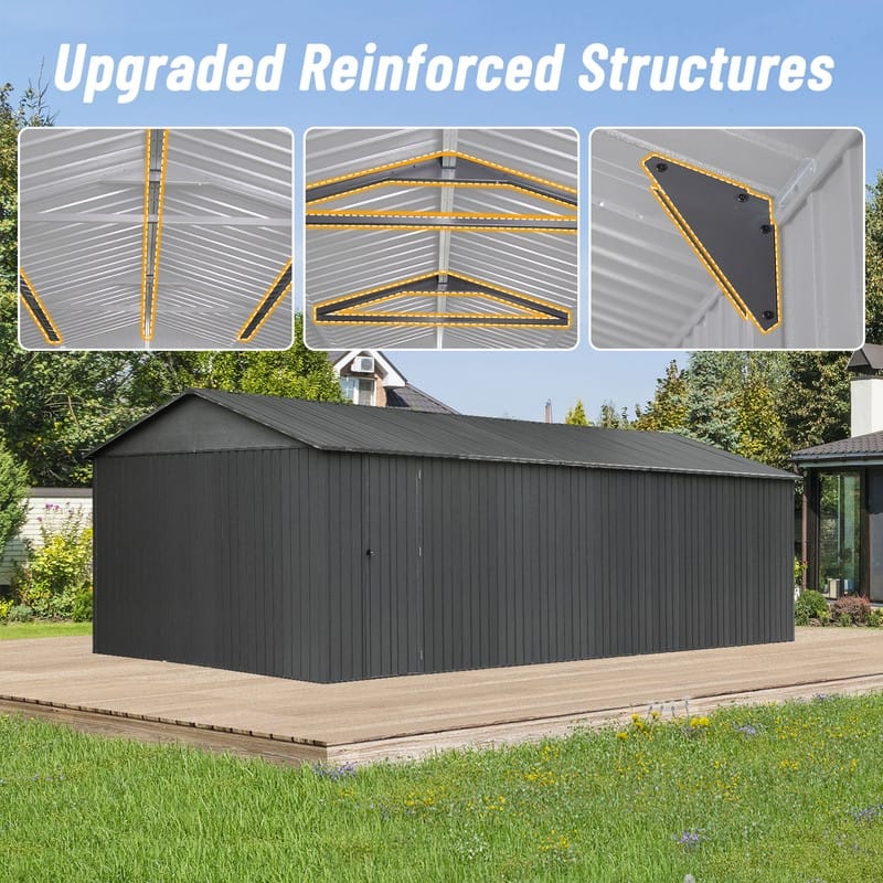Domi 12x15FT Outdoor Metal Garage Shed,Extra Large Metal Carport with Lockable Double Doors,Heavy Duty Car Shelter,Dark Grey