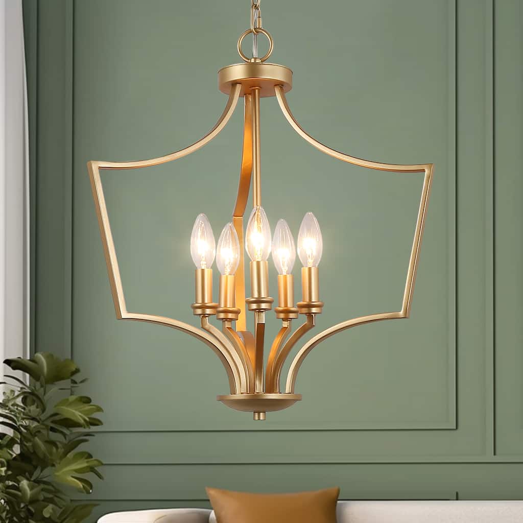 Mid-Century Modern 5-Light Gold Lantern Candle Chandelier for Dining Room - L19"xW19"xH24"