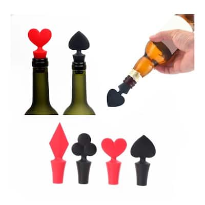 Wine Stopper, Black & Red Poker Card Suits , 4-Pack