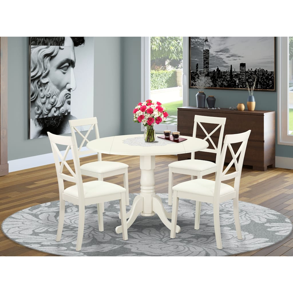 East West Furniture 5 Piece Dining Set- a Round Kitchen Table and 4 Faux Leather Dining Chairs, 42x42 Inch, Linen White