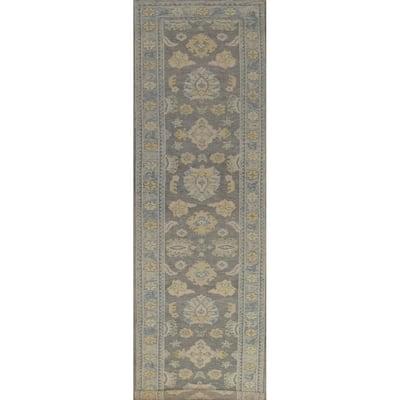 Hand Knotted Oriental 100% Wool Carpet Transitional Floral Greys & Charcoal Oushak Runner Rug - 14' 7'' X 3' 4''