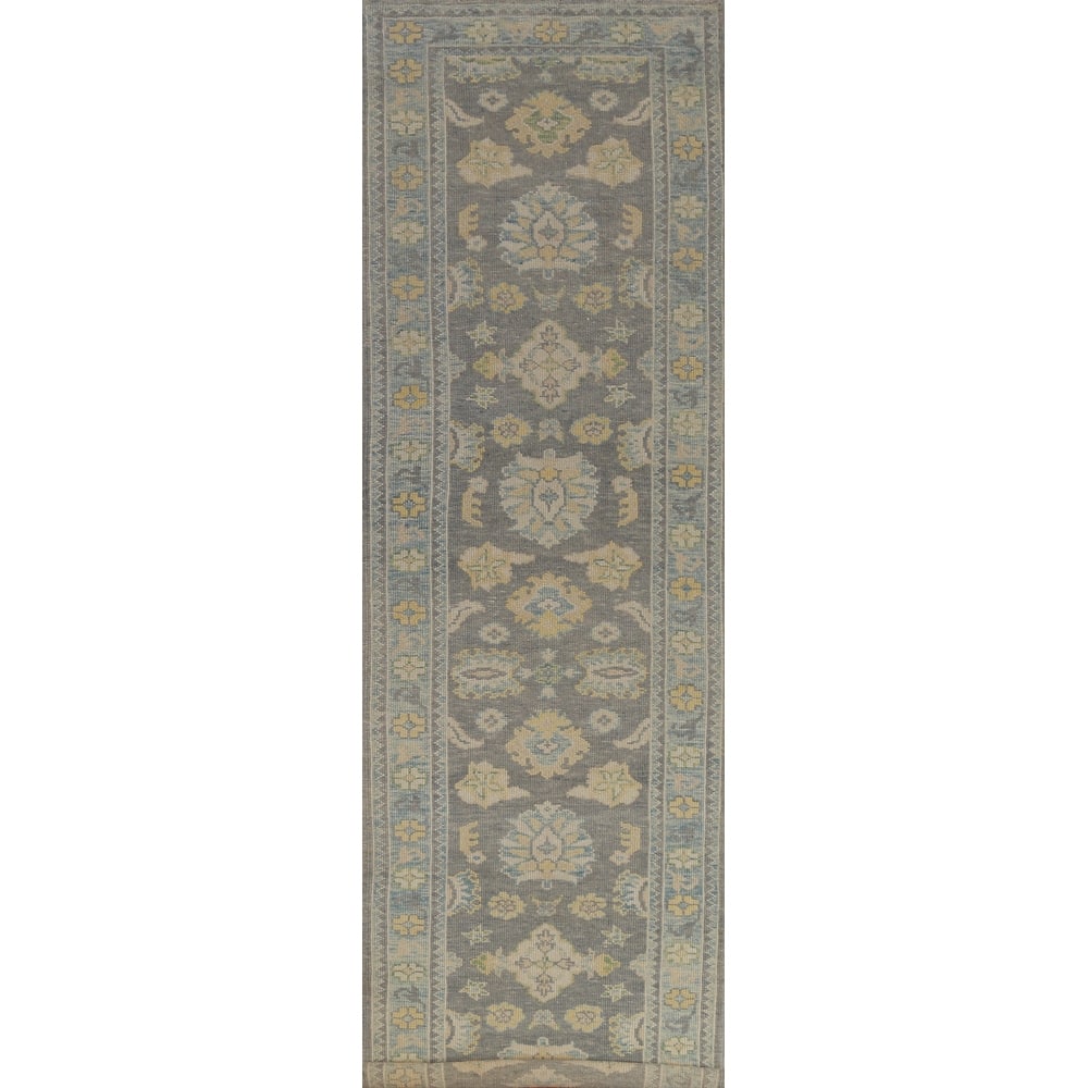 Hand Knotted Oriental 100% Wool Carpet Transitional Floral Greys & Charcoal Oushak Runner Rug - 14' 7'' X 3' 4''