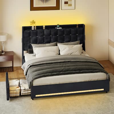 Moasis King Size Velvet Platform Bed with 4 Drawers RGB Lights and Charging Station No Box Spring Needed