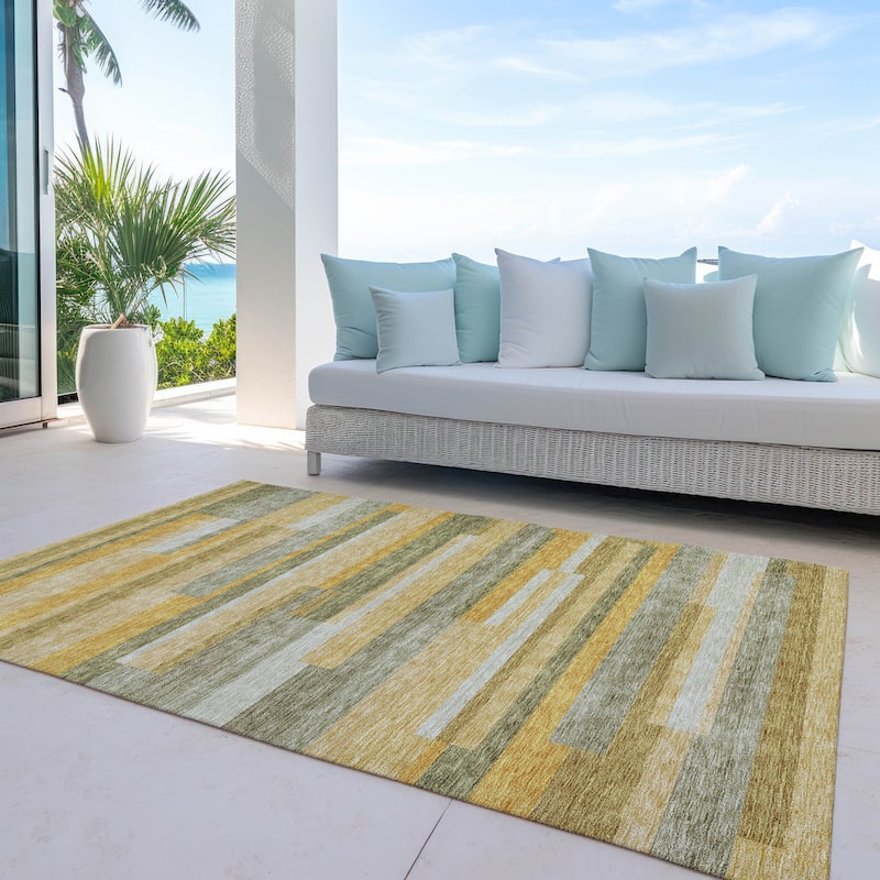 Machine Washable Indoor/ Outdoor Modern Stripes Chantille Rug - Honey - 9' x 12'