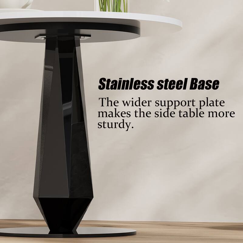 17.72" Modern Round End Table, White Glossy Sintered Stone Side Table, with Black Stainless Steel Base