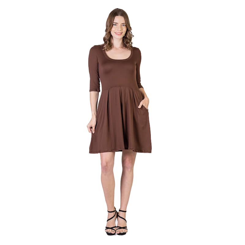 24seven Comfort Apparel Three Quarter Sleeve Fit and Flare Mini Dress - Brown - S