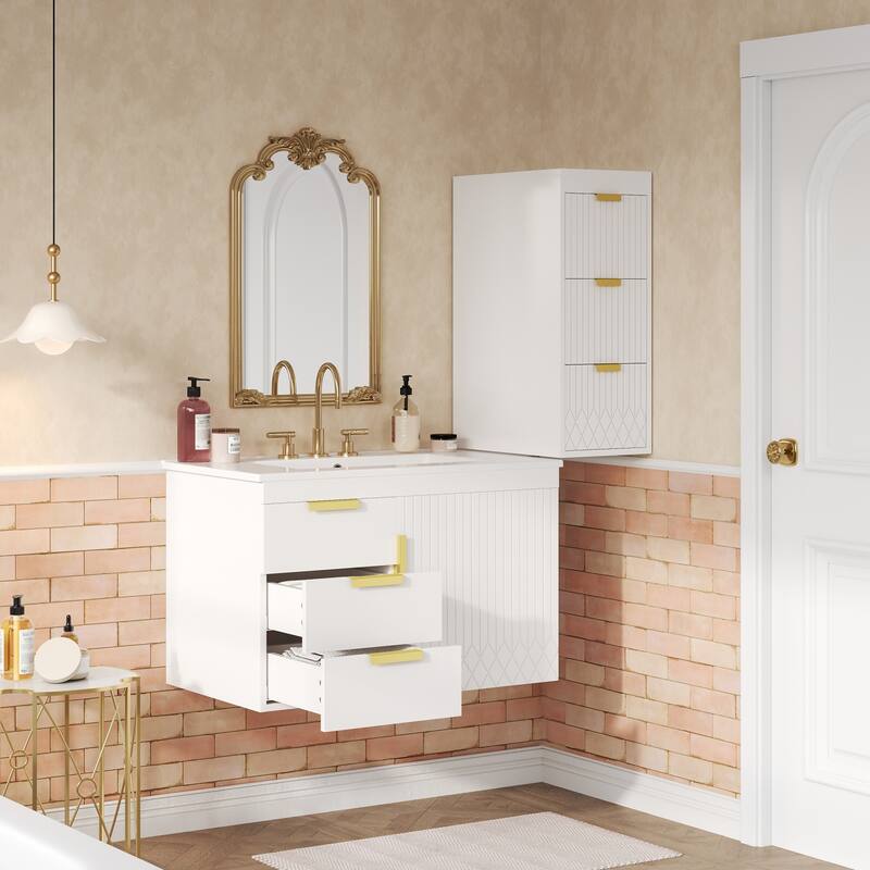 Roomfitters 30 Inch Wall Mounted Bathroom Vanity & Side Cabinet Combo, Floating Storage Station with Sliding Tiers
