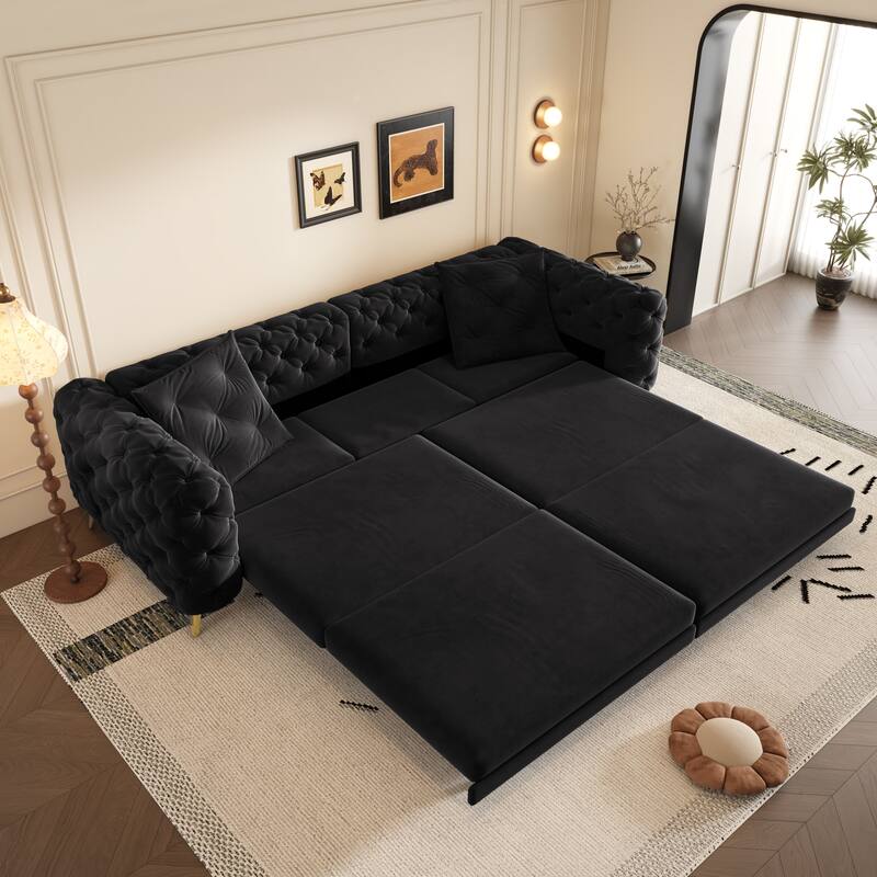 GDFStudio - Velvet 97.7" 3-in-1 Convertible Sleeper Sofa with Pull-Out Bed - Black
