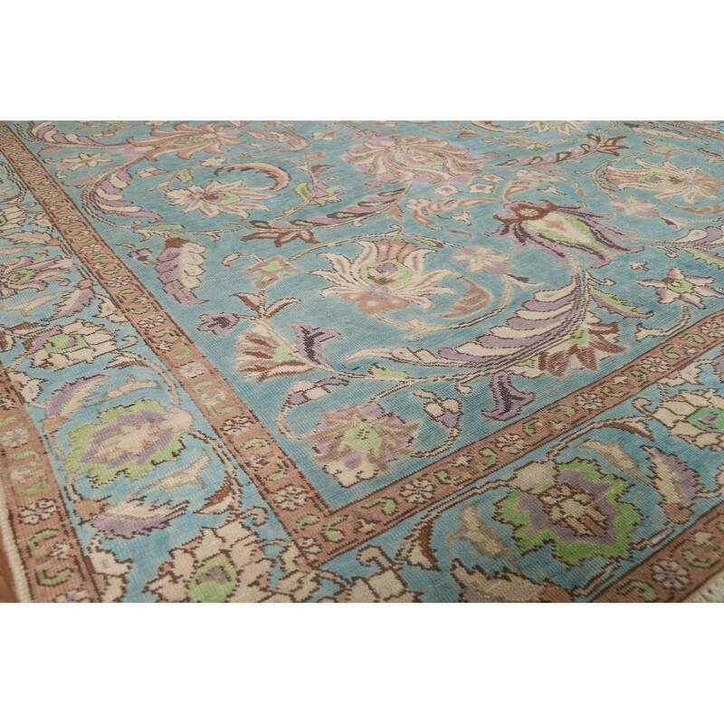 All-Over Blue Floral Tabriz Persian Area Rug Hand-Knotted Wool Carpet - 6'9"x 9'8"