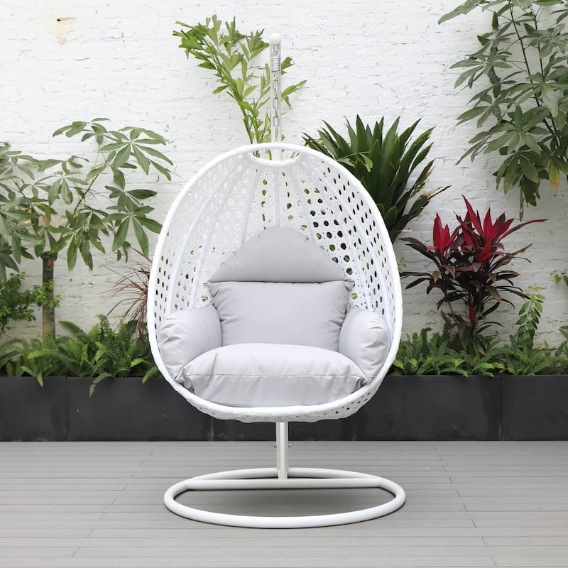 Patio Hanging Egg Swing Chair with White Wicker Shell and Iron Frame for Indoor Outdoor Patio Porch Garden Backyard