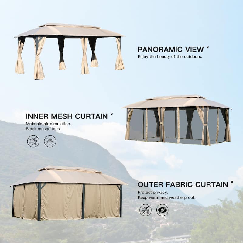 10x20FT Outdoor Gazebo with Double Roofs,Privacy Curtains,Mosquito Nettings,Heavy Duty Metal Frame Party Tent Canopy for Patio