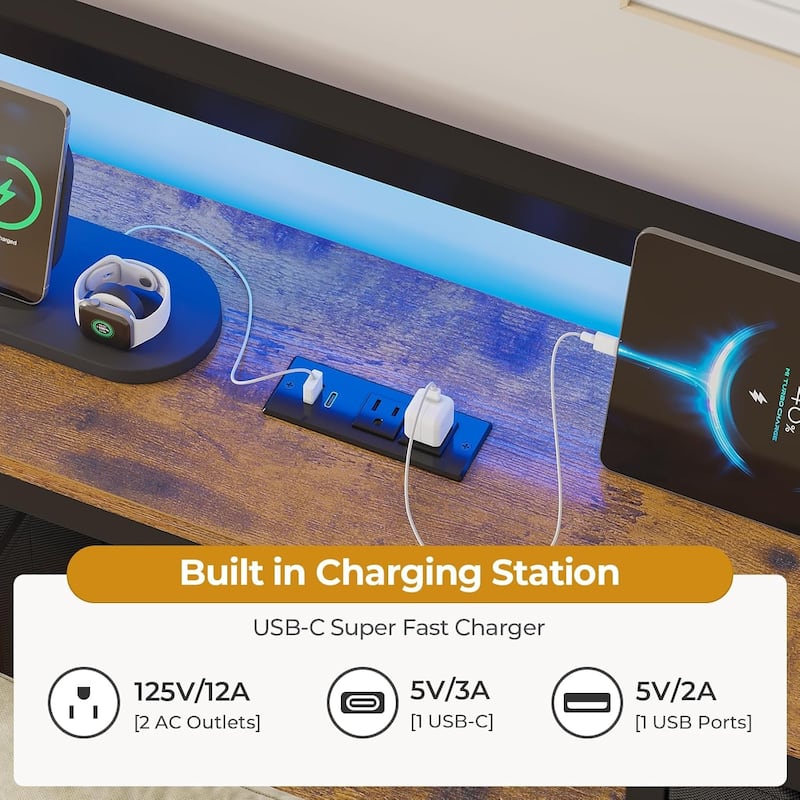 Daybed with Trundle Charging Station LED Lights Storage Headboard