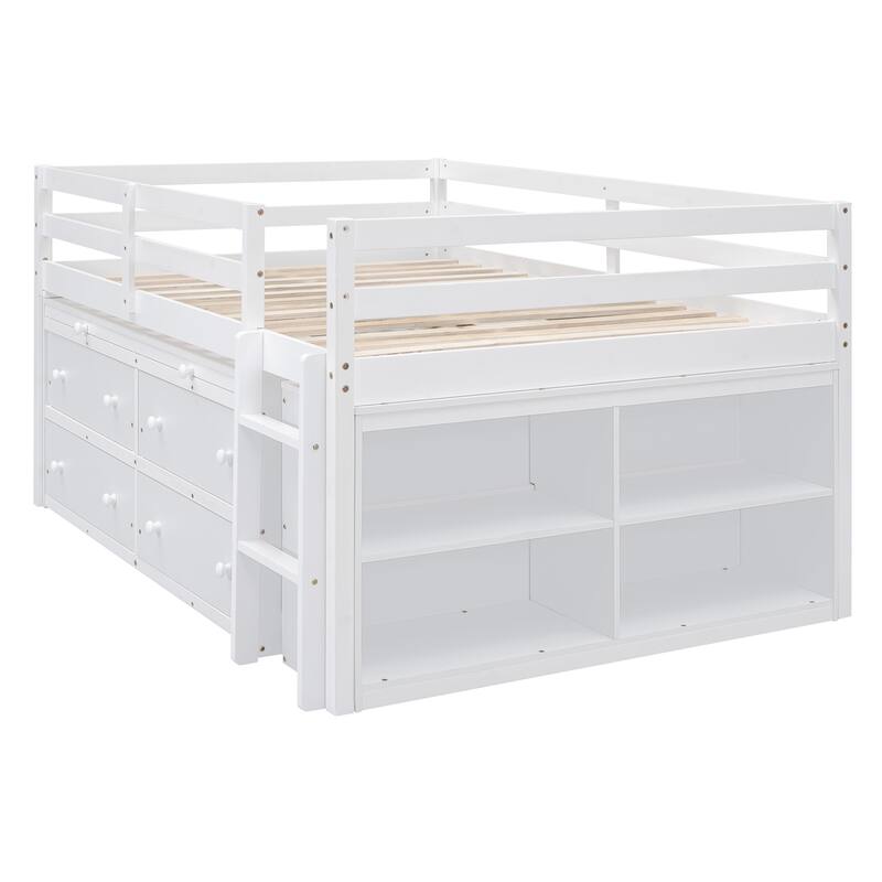 Full Size Loft Bed with Retractable Writing Desk and 4 Drawers