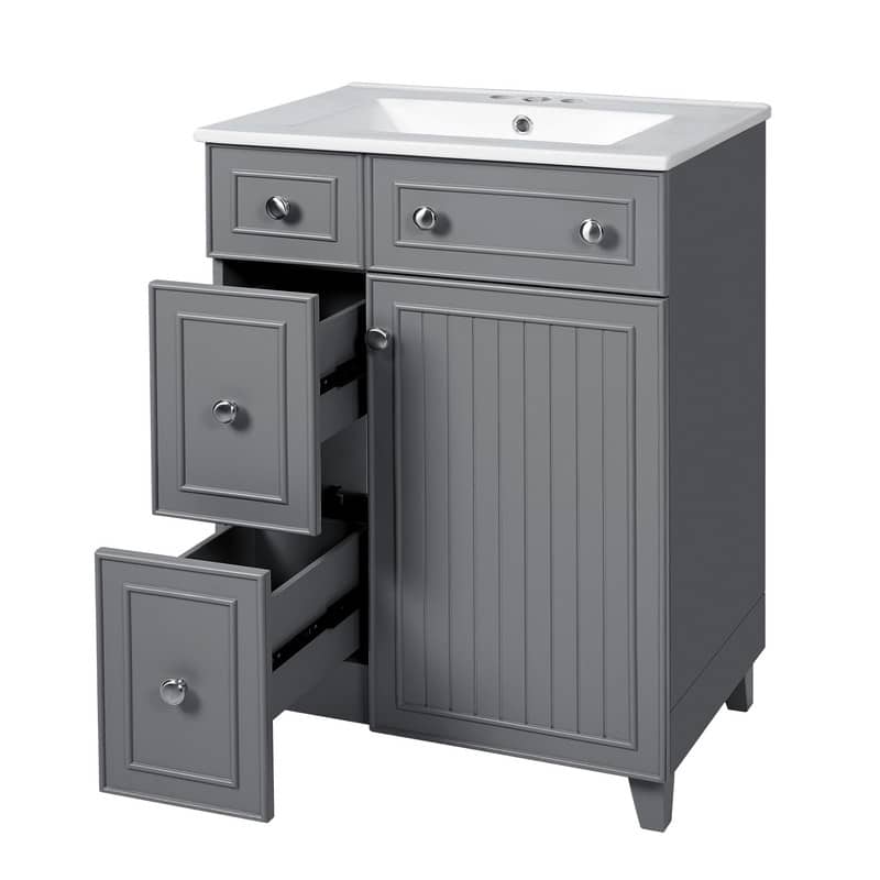 24" Green Bathroom Vanity Cabinet with Ceramic Sink, 2 Drawers, 1 Soft-Close Door