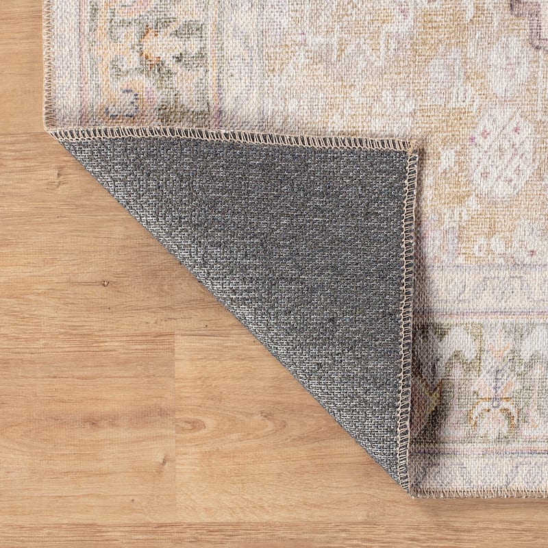 Beige Medallion Flat Pile Washable Rug - Pet Friendly, Non-Slip for Entryway and Bedroom