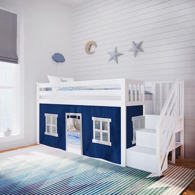 Max and Lily Twin over Twin Low Bunk Bed with Staircase and Curtains