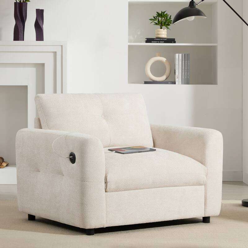 Chenille Single Sofa Armchair with Wide Seat, Dual-port Charger, Pull-line & Tufted Design - Beige