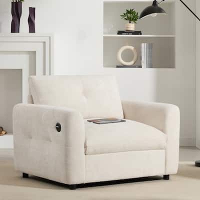 Chenille Single Sofa Armchair with Wide Seat, Dual-port Charger, Pull-line & Tufted Design