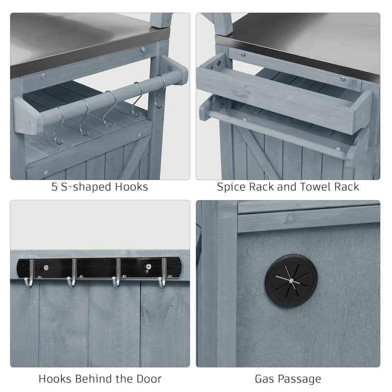 53.3" Outdoor Kitchen Island with Stainless Steel Top, Raised Shelf Solid Wood Storage Cabinet Outdoor Rolling Grill Cart