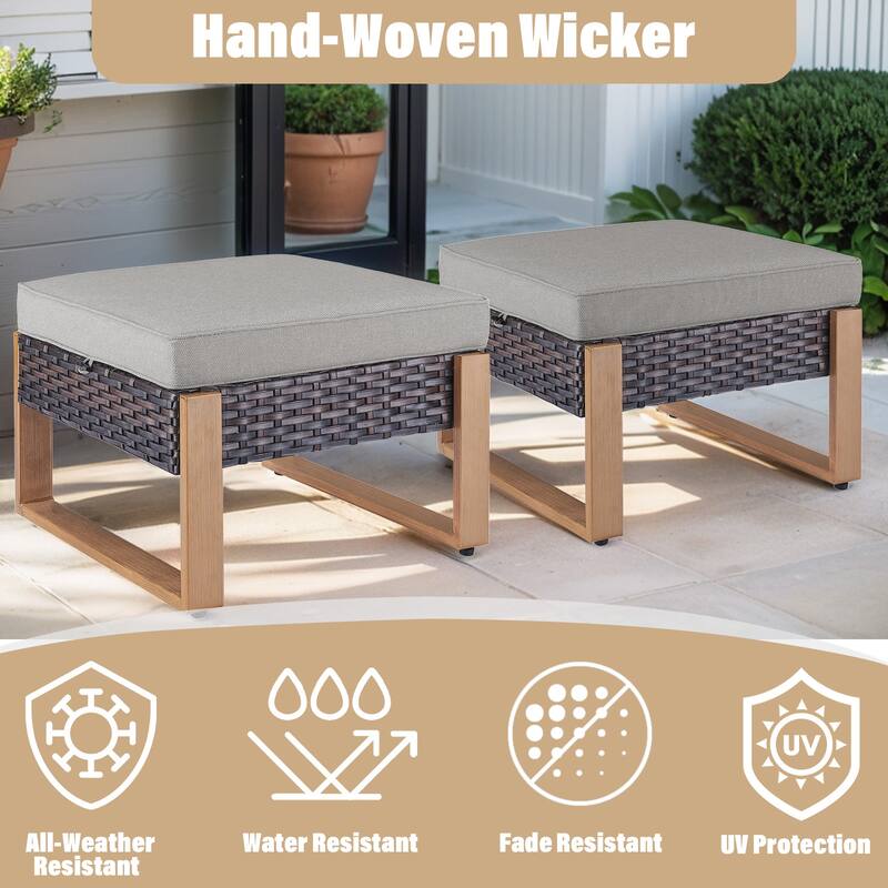 Gymojoy All-Weather Rattan Wicker Ottomans - Brown