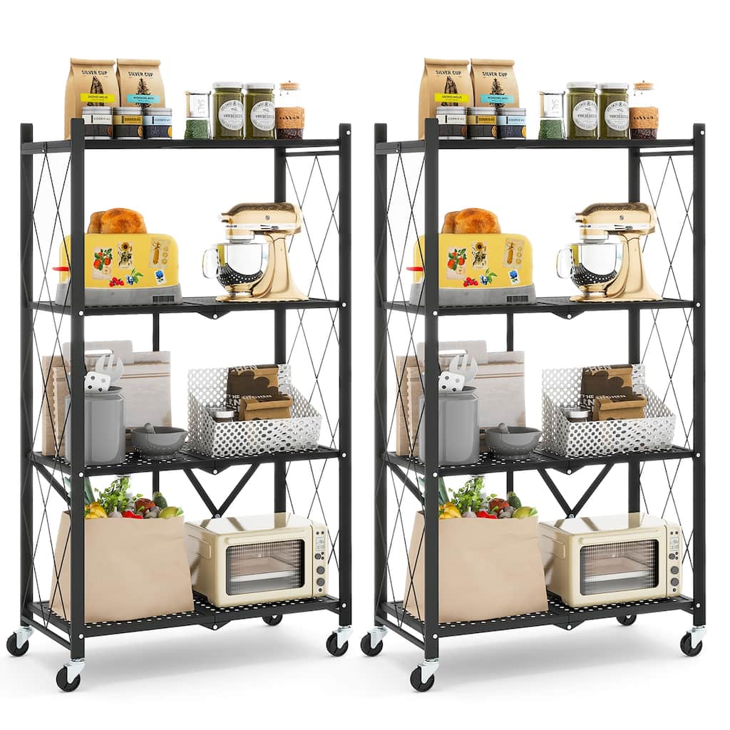 Gymax 2PCS 4-tier Foldable Storage Shelving Unit w/4 Universal Wheels