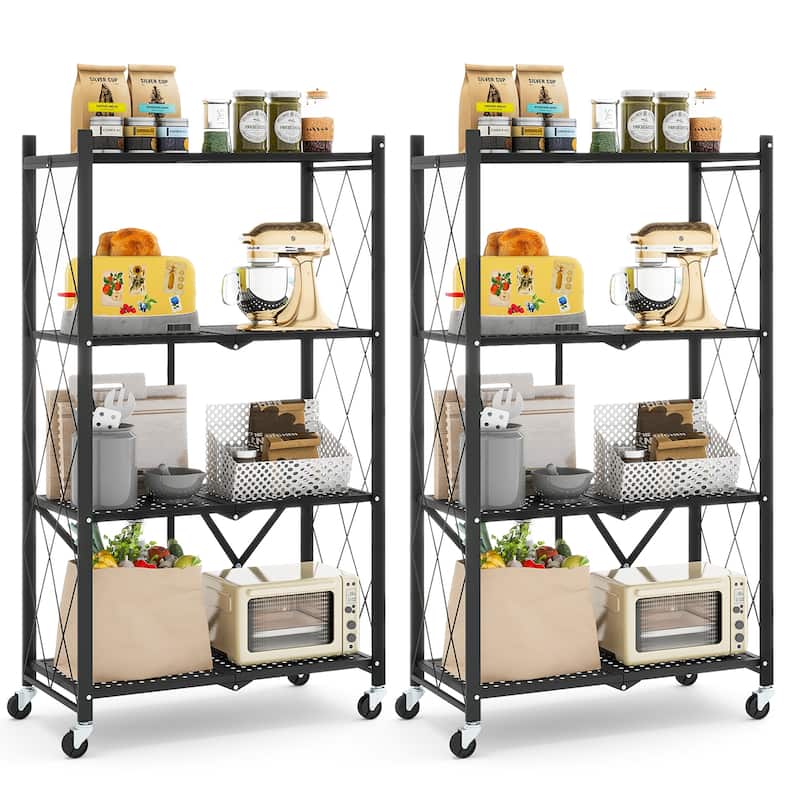 Gymax 2PCS 4-tier Foldable Storage Shelving Unit w/4 Universal Wheels - Kitchen Cart - Black