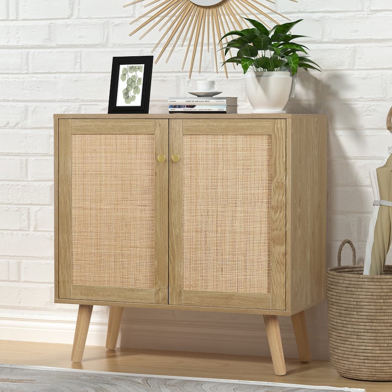 Anmytek 2-Door Farmhouse Wood Rattan Buffet Sideboard Accent Storage Cabinet with Adjustable Shelves