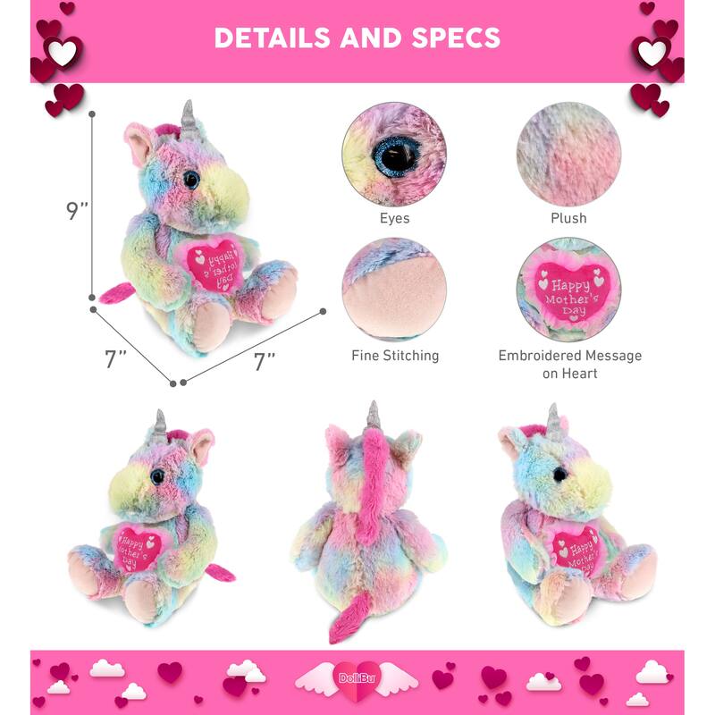 DolliBu Happy Mother’s Day Super Soft Plush Sitting Rainbow Unicorn - 10 inches