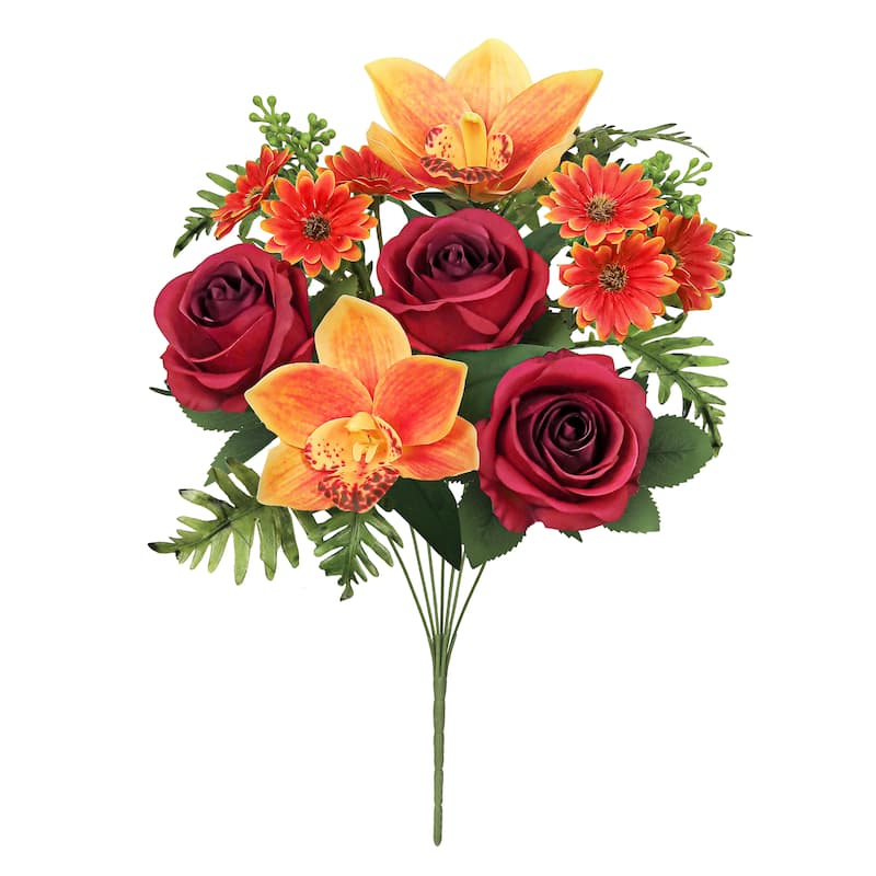 Set of 2 Red Orange Artificial Mixed Rose Cymbidium Orchid Daisy Flower Stem Bush Bouquet 16in - 16" L x 9" W x 9" DP