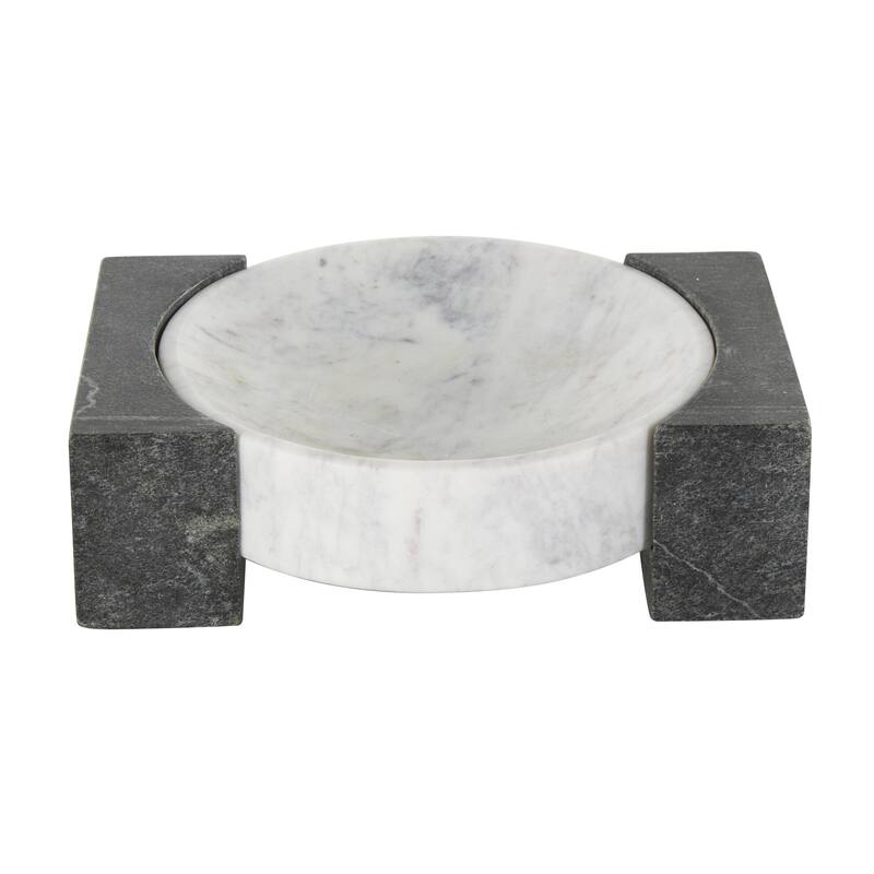 Marble Geometric Round Tray with Black Rectangular Blocks - White - Roche River Decor
