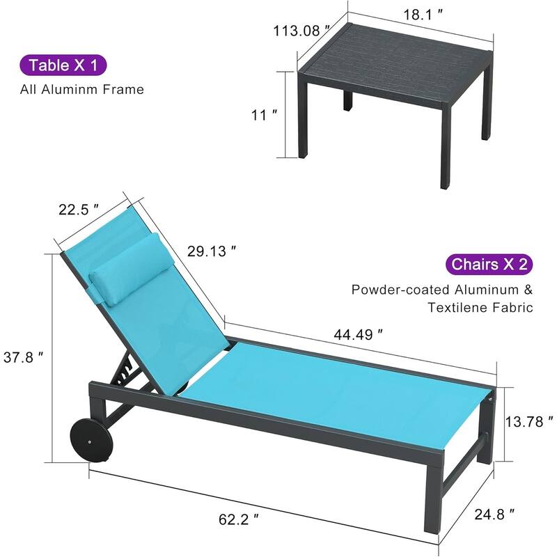 PURPLE LEAF Lounge Chair Set for Outside Aluminum Patio Recliner with Side Table and Pillow Beach Sunbathing Tanning Chairs