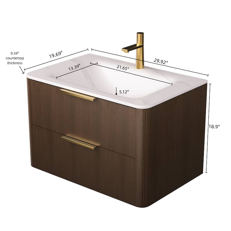 30"/36" Wall-Mounted Bathroom Vanity with Sink, Floating Vanity Base with Sintered Stone Hot-bent Integrated Basin