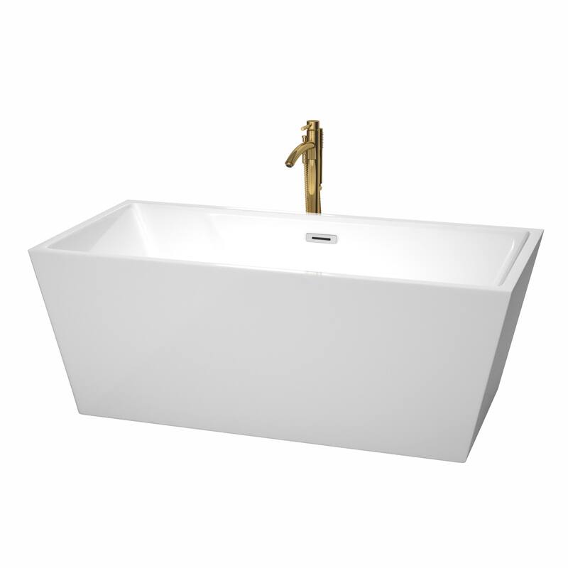 Wyndham Collection Sara 63" Freestanding Soaking Tub with Tub Filler - White / Polished Chrome Trim / Brushed Gold Faucet