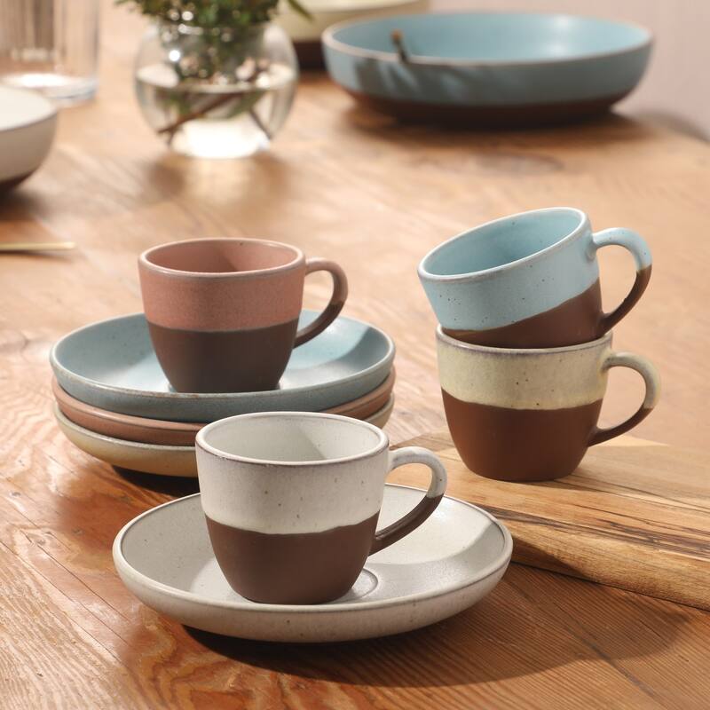 Gibson Elite William Crest 8 Piece Cup & Saucer -3.5oz Espresso Cups, 5.5" Saucers Reactive Stoneware Set