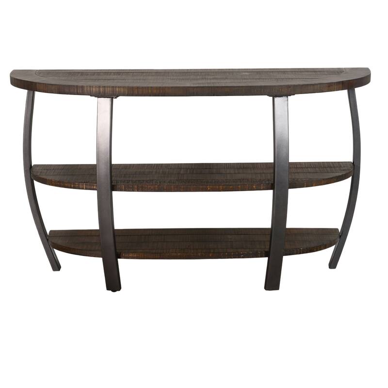 Flint Sofa Table w 2 Shelves, 52 Inch Semi Circle Top, Brown, Barrel