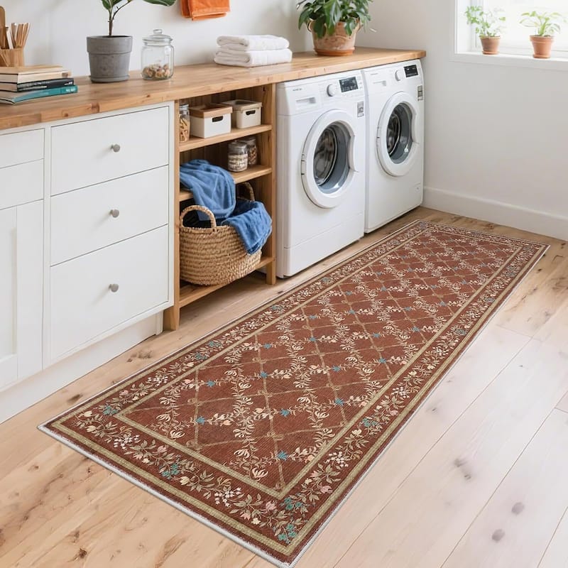 Floral Neutral Washable Hallway Low Pile Area Rug for Bedroom, Living Room, Red - 2' x 3'