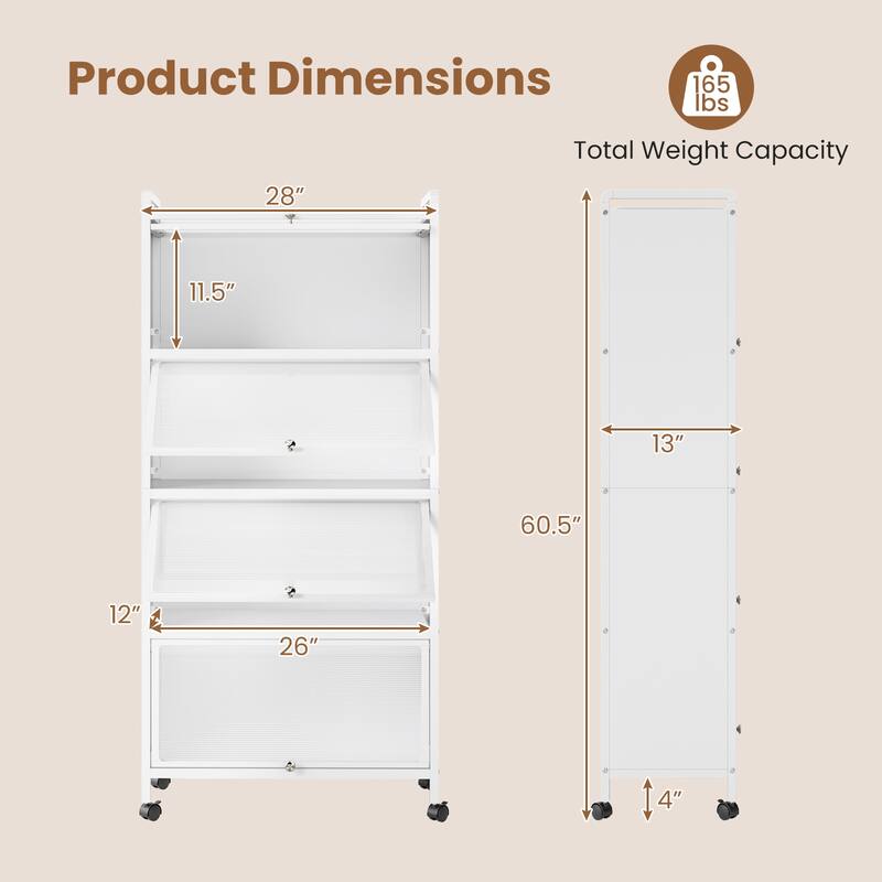 Metal Pantry Storage Cabinet with Flip Doors, Shelves and Casters - 28" x 13" x 62"