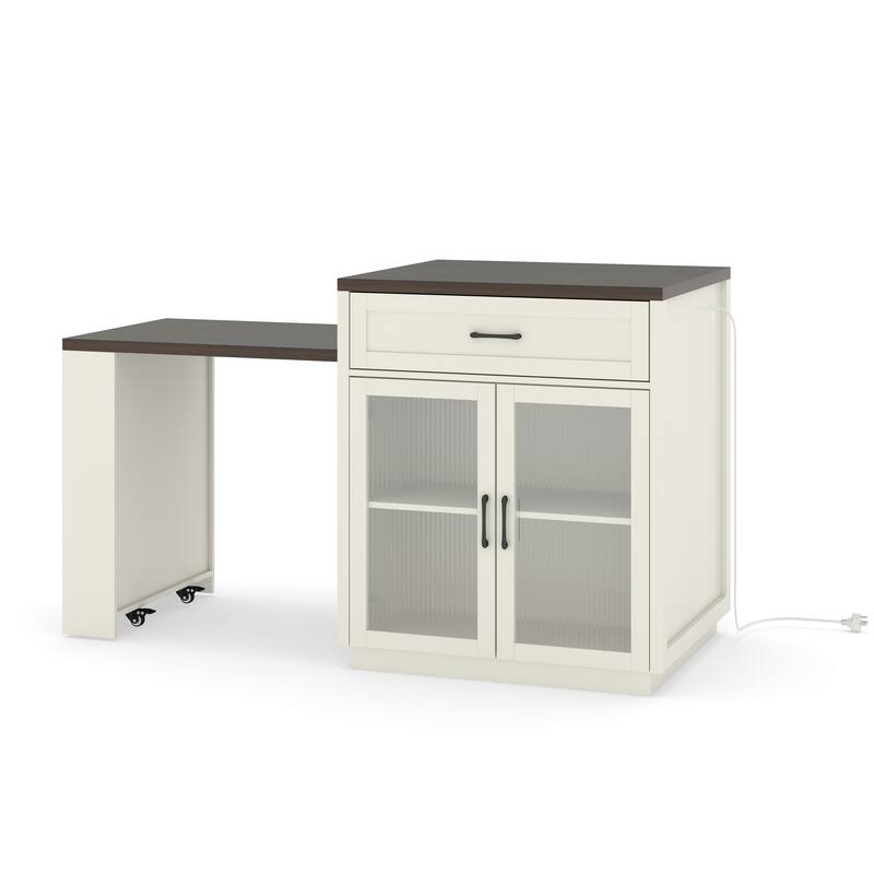 83.1"Extendable Kitchen Island with Slide Out Table and Storage Racks,Kitchen Island with Tempered Glass Doors,Power Outlet