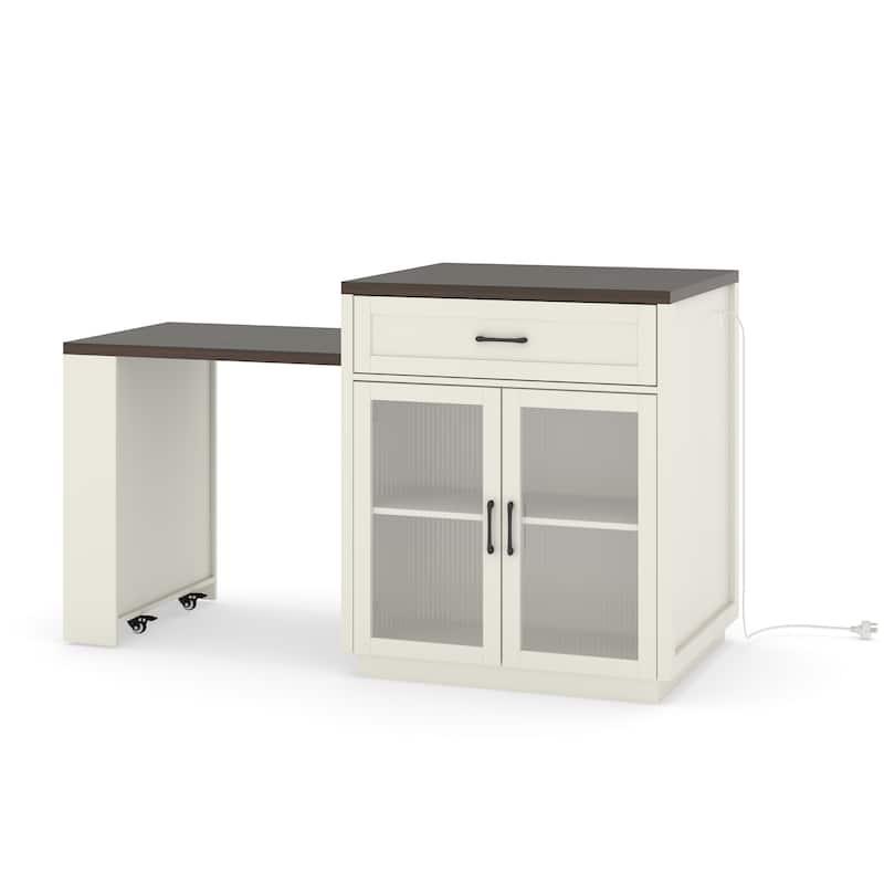 Modern Large Kitchen Island Expandable Kitchen Island with Power Outlet Storage Racks, Glass Doors and 2 Drawers, for Kitchen