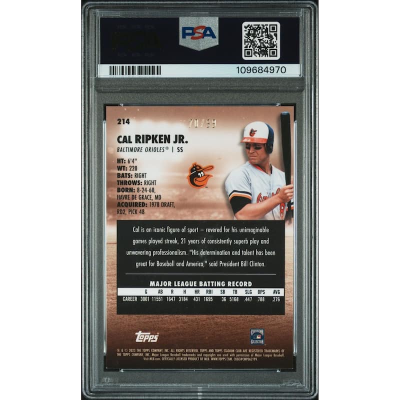 Cal Ripken Jr 2023 Topps Stadium Club Orange Refractor Signed Baseball Card #214 Auto PSA 70/99 - 8' x 11'