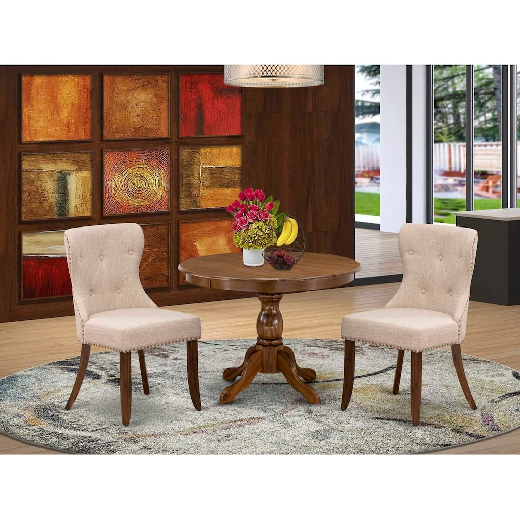 3-Piece Acacia Walnut Finish Solid Wood Top - Button Tufted Dining Room Set - Seats 4
