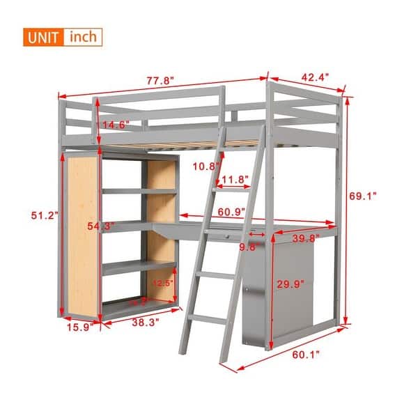 dimension image slide 1 of 2, Solid Wood Maximized Space Twin Size Loft Bed Kids Bed with Ladder Shelves and Desk Kids Furniture, Gray