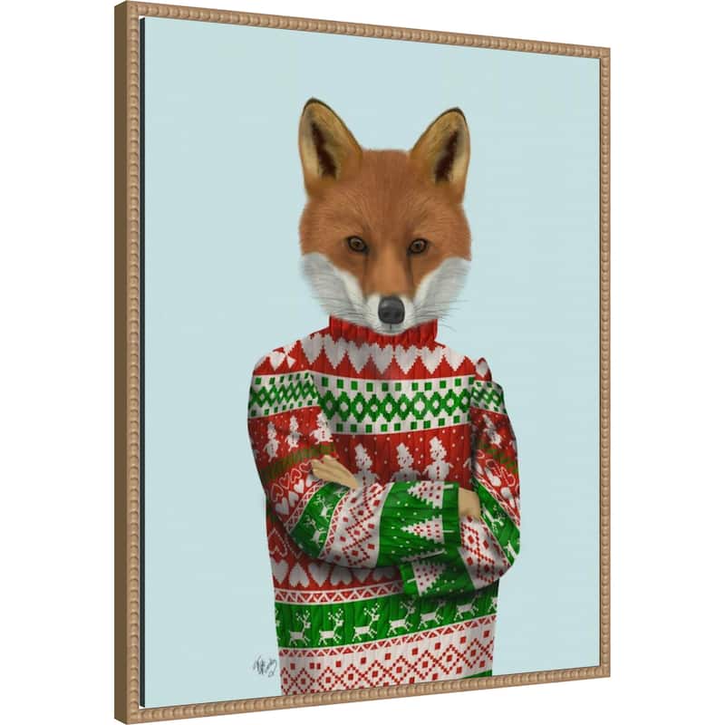 Fox in Christmas Sweater by Fab Funky (23 x 28 in.), Framed Canvas Wall Art Print - Sylvie Beaded Rustic Natural