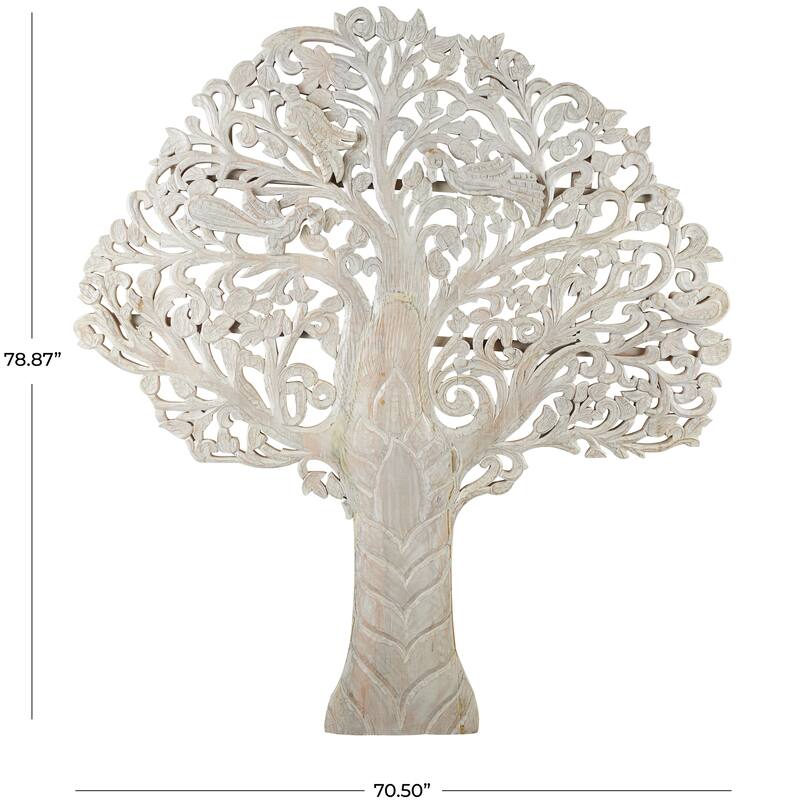 White or Brown Mango Wood Large Carved Tree Wall Decor with Scrollwork