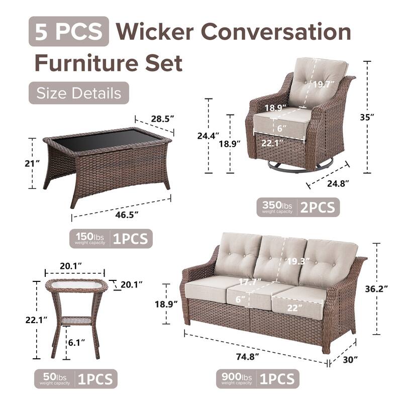 Gymojoy Wicker Patio Furniture Sofa Set, 6-Inch Ultra Thick Cushioned 360°Swivel Glider Chairs & Sofa Set