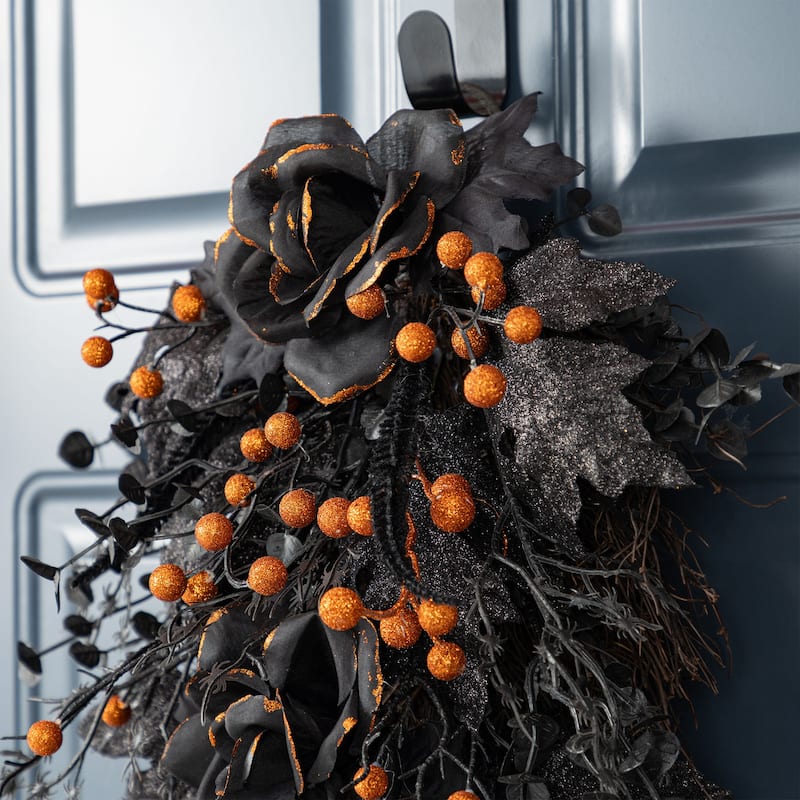 Glitzhome 36"H Halloween Lighted Black Rose Urn Porch Tree with Timer