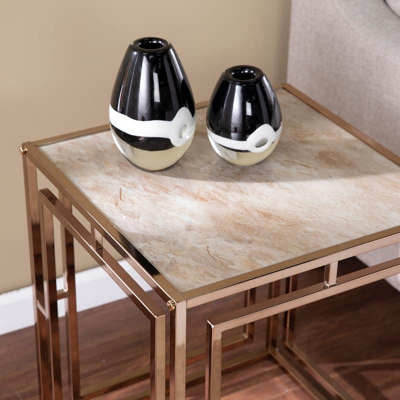 SEI Furniture Simons Transitional Faux Marble & Glass Top Side Table