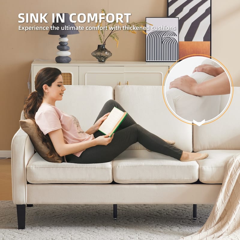 Erommy 3 Seat Sofa, 72" Sofa Couch for Living Room, Modern Fabric Couch with 4 Wood Legs, 2 Metal Support Rods for Bedroom