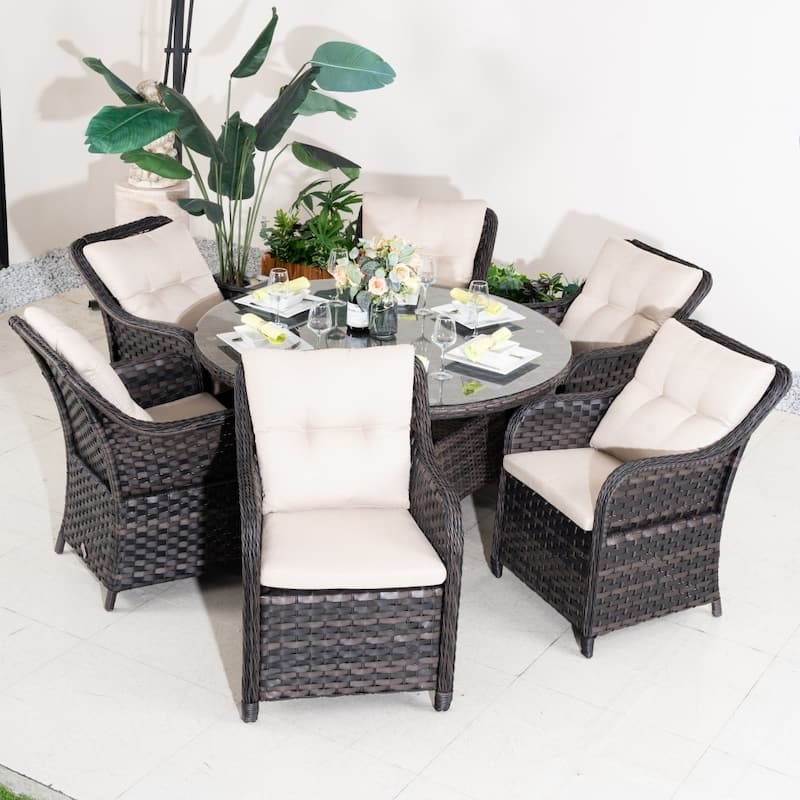 Outdoor Patio 7-piece Wicker Dining Set with 6 PE Rattan Chairs - Brown